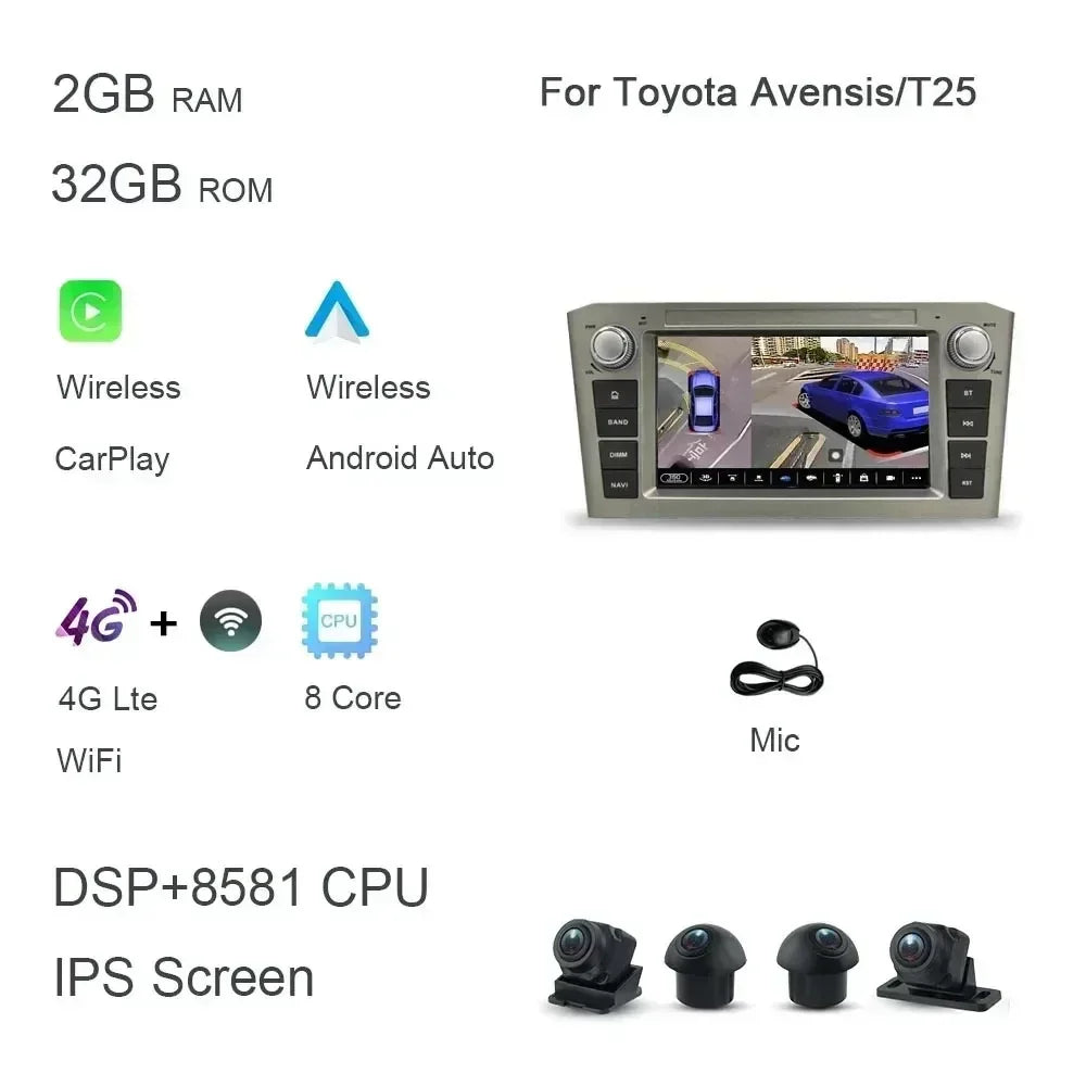 DSP CarPlay 7'' Android 14.0 Car Player 8GB 128G multimedia car radio GPS WiFi for TOYOTA AVENSIS T25 2002 -2005 2006 2007 2008