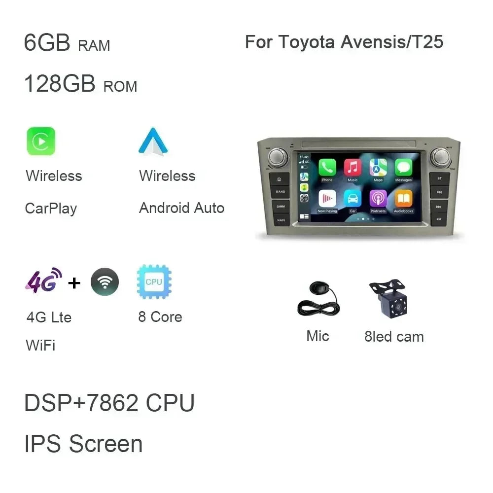 DSP CarPlay 7'' Android 14.0 Car Player 8GB 128G multimedia car radio GPS WiFi for TOYOTA AVENSIS T25 2002 -2005 2006 2007 2008