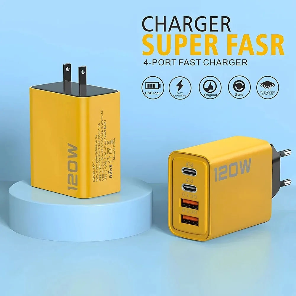 Cargador SuperFast 120W – 4 Puertos (2PD + 2USB) | Carga Ultra Rápida