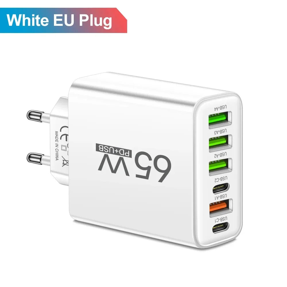 Multi Ports 65W USB Charger Fast Charging Type C Phone Charger Adapter For iPhone Samsung Xiaomi Huawei EU/US Plug Wall Charger