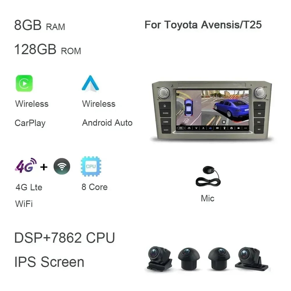 DSP CarPlay 7'' Android 14.0 Car Player 8GB 128G multimedia car radio GPS WiFi for TOYOTA AVENSIS T25 2002 -2005 2006 2007 2008