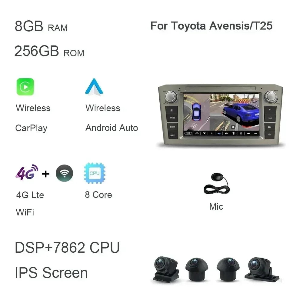 DSP CarPlay 7'' Android 14.0 Car Player 8GB 128G multimedia car radio GPS WiFi for TOYOTA AVENSIS T25 2002 -2005 2006 2007 2008
