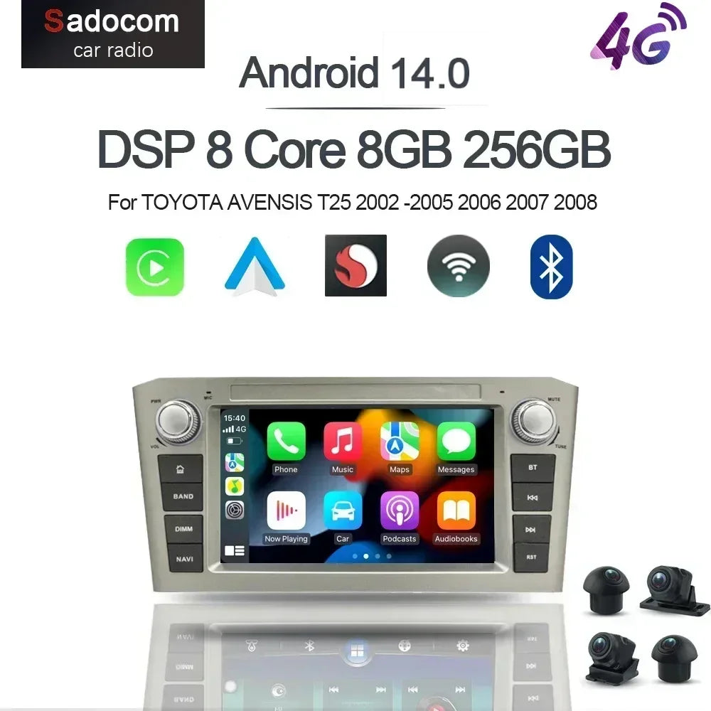 DSP CarPlay 7'' Android 14.0 Car Player 8GB 128G multimedia car radio GPS WiFi for TOYOTA AVENSIS T25 2002 -2005 2006 2007 2008