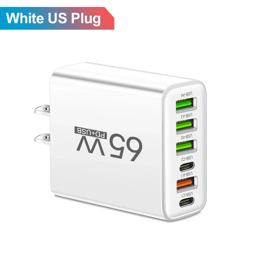 Multi Ports 65W USB Charger Fast Charging Type C Phone Charger Adapter For iPhone Samsung Xiaomi Huawei EU/US Plug Wall Charger