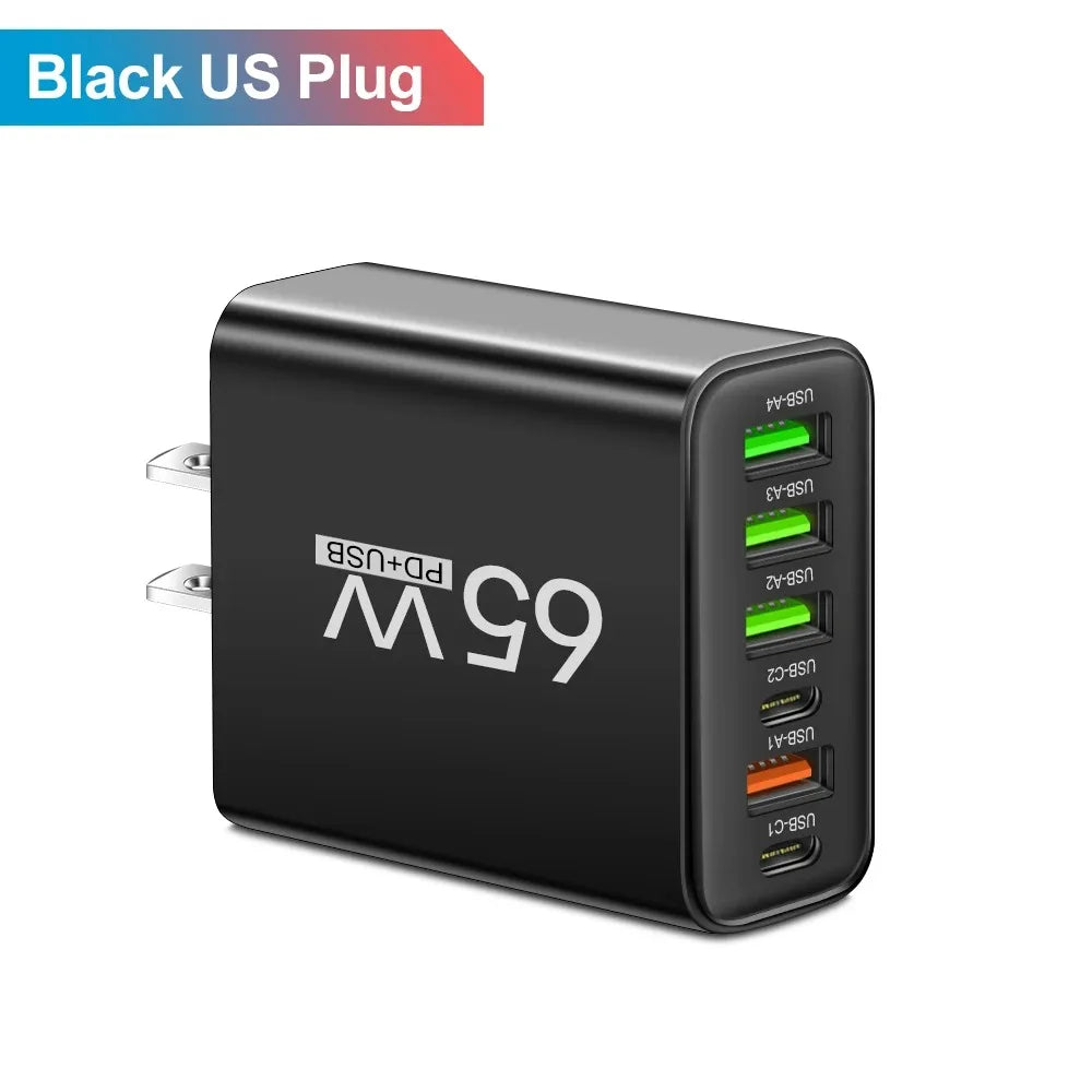 Multi Ports 65W USB Charger Fast Charging Type C Phone Charger Adapter For iPhone Samsung Xiaomi Huawei EU/US Plug Wall Charger