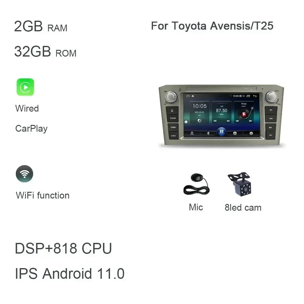 DSP CarPlay 7'' Android 14.0 Car Player 8GB 128G multimedia car radio GPS WiFi for TOYOTA AVENSIS T25 2002 -2005 2006 2007 2008